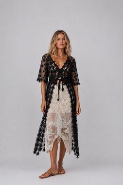 NWT Meghan Black Floral Crochet Lace Kimono Cover Up Duster XS Boho Festival Vin